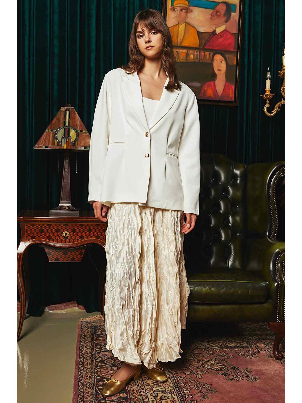 Ekru Pile Kırınkıl Saten Etek - Krem-3