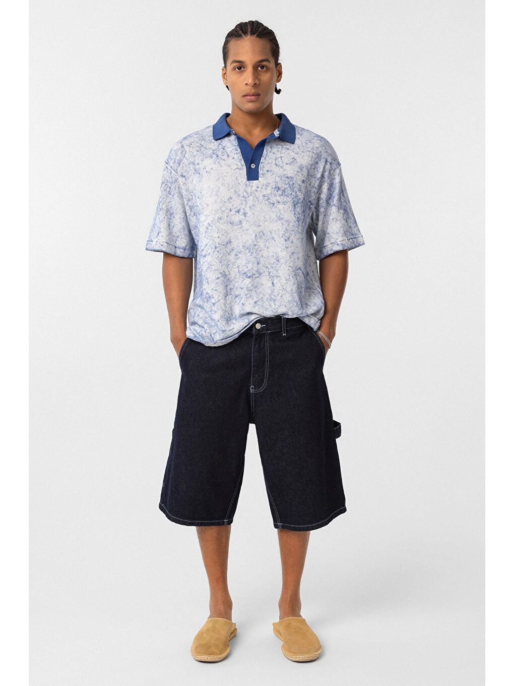 Yıkamalı Oversize Polo Yaka Tişört İndigo