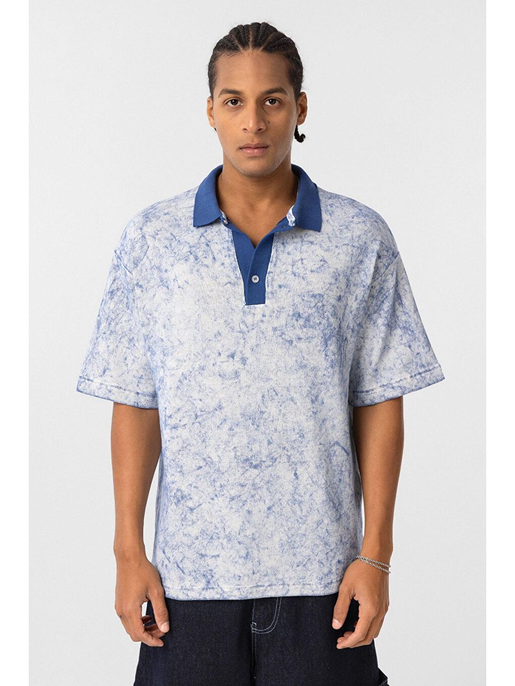 Yıkamalı Oversize Polo Yaka Tişört İndigo-2