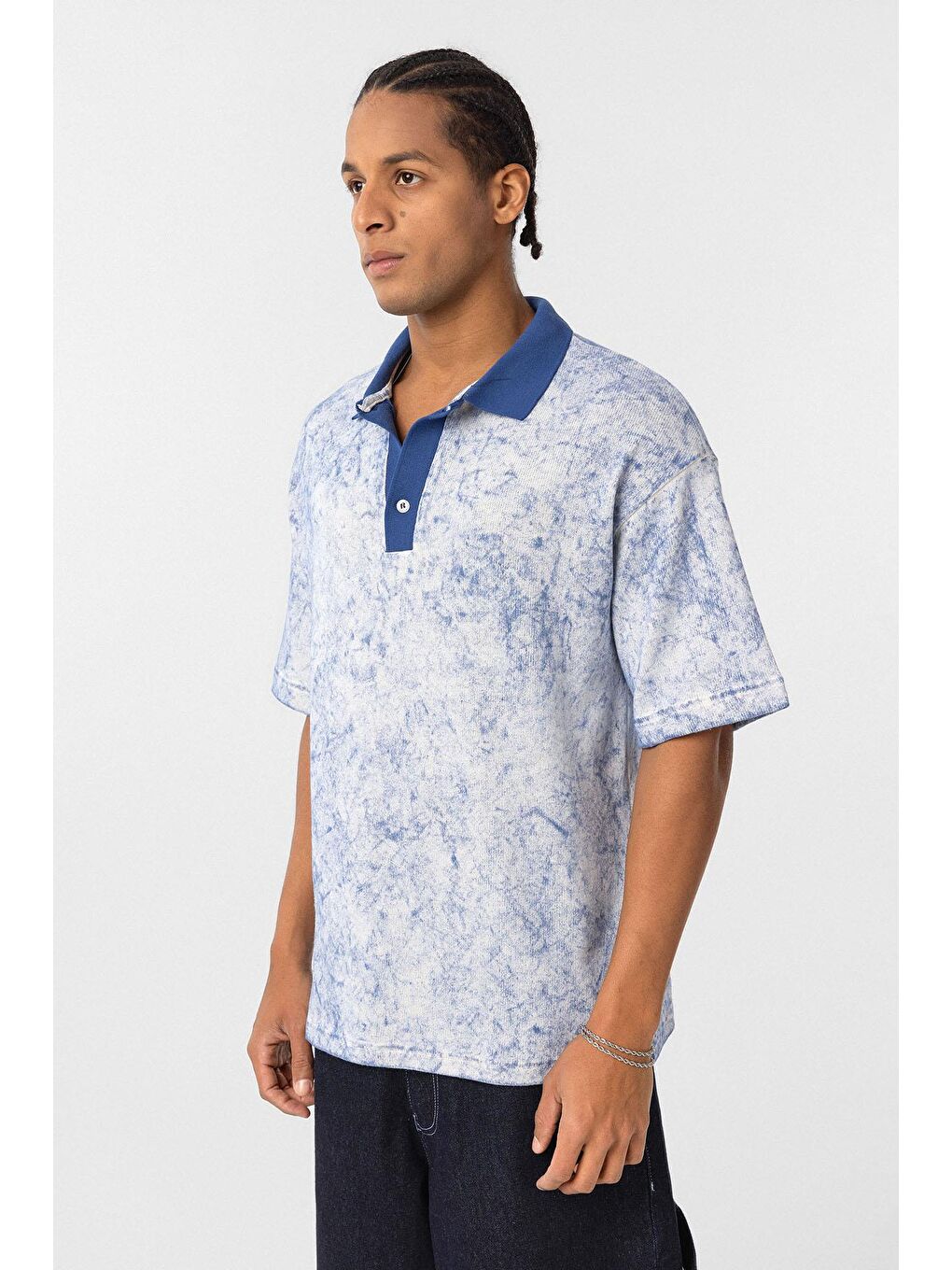 Yıkamalı Oversize Polo Yaka Tişört İndigo-3