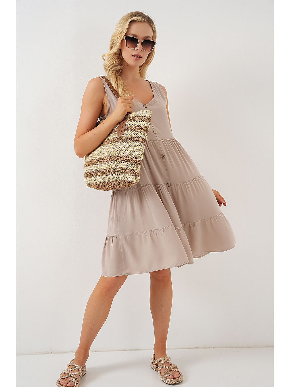 Bej Kadın Sıfır Kol Düğmeli Kısa Elbise 2571 - Taş-2