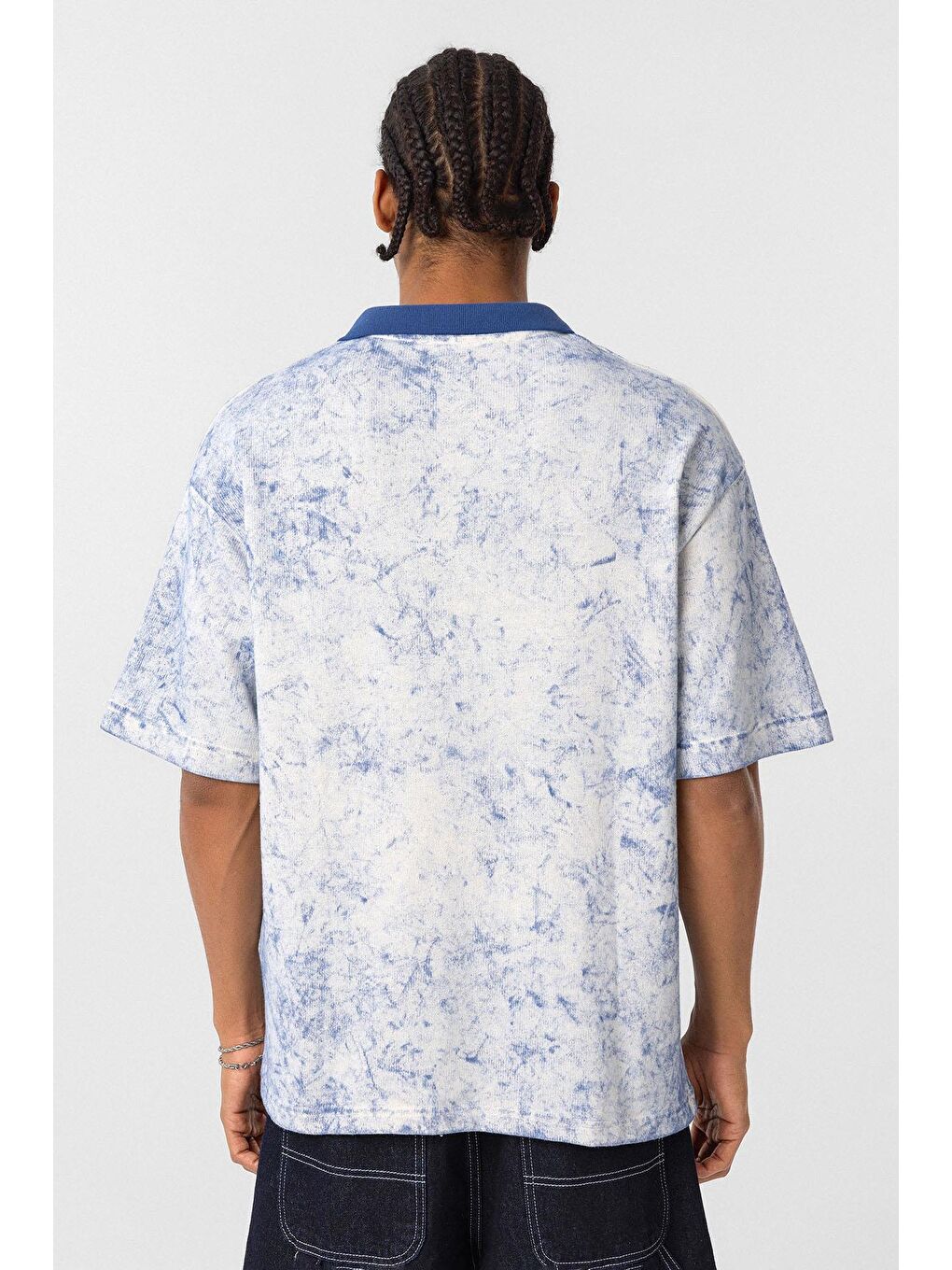 Yıkamalı Oversize Polo Yaka Tişört İndigo-4