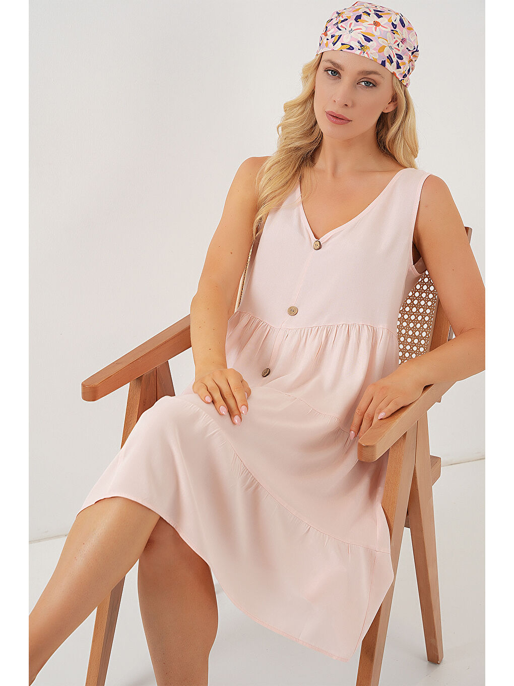 Pembe Kadın Sıfır Kol Düğmeli Kısa Elbise 2571 - Pudra-1