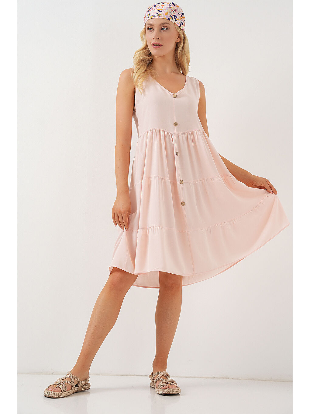 Pembe Kadın Sıfır Kol Düğmeli Kısa Elbise 2571 - Pudra-2