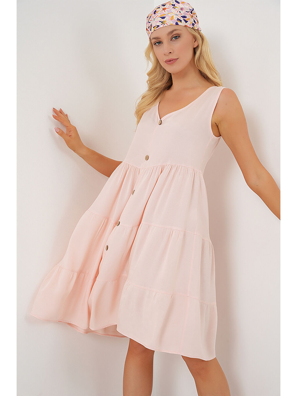 Pembe Kadın Sıfır Kol Düğmeli Kısa Elbise 2571 - Pudra-3