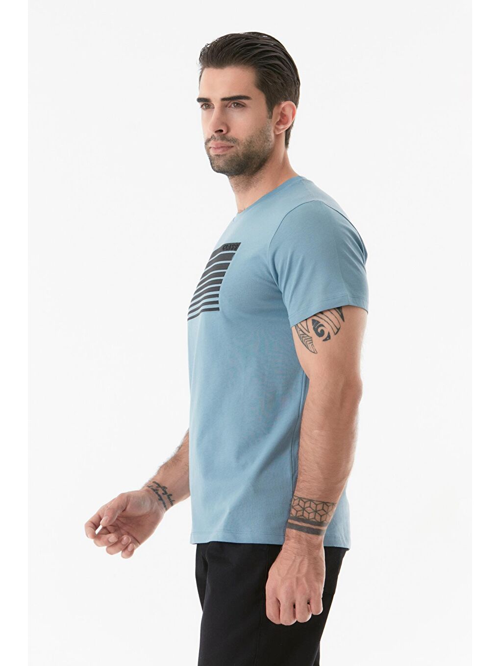 Mavi Baskılı Bisiklet Yaka Tişört-3