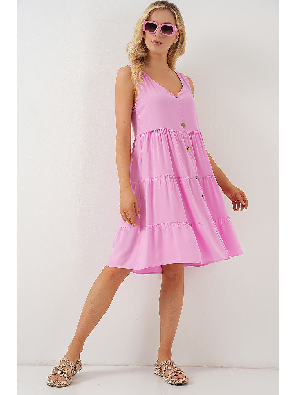 Kadın Sıfır Kol Düğmeli Kısa Elbise 2571 - Pembe-1