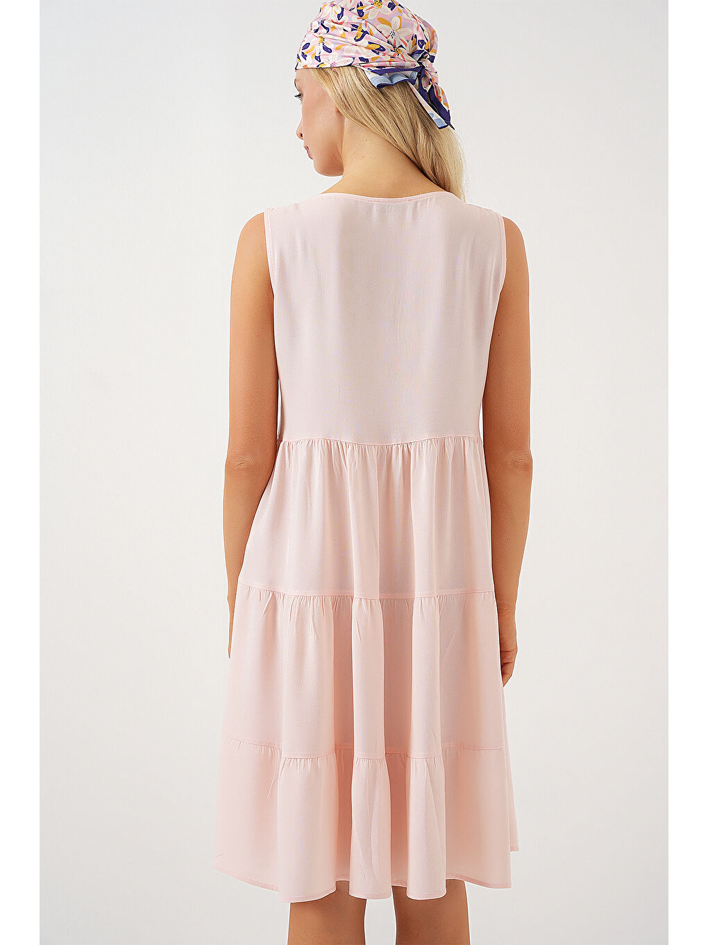 Pembe Kadın Sıfır Kol Düğmeli Kısa Elbise 2571 - Pudra-5