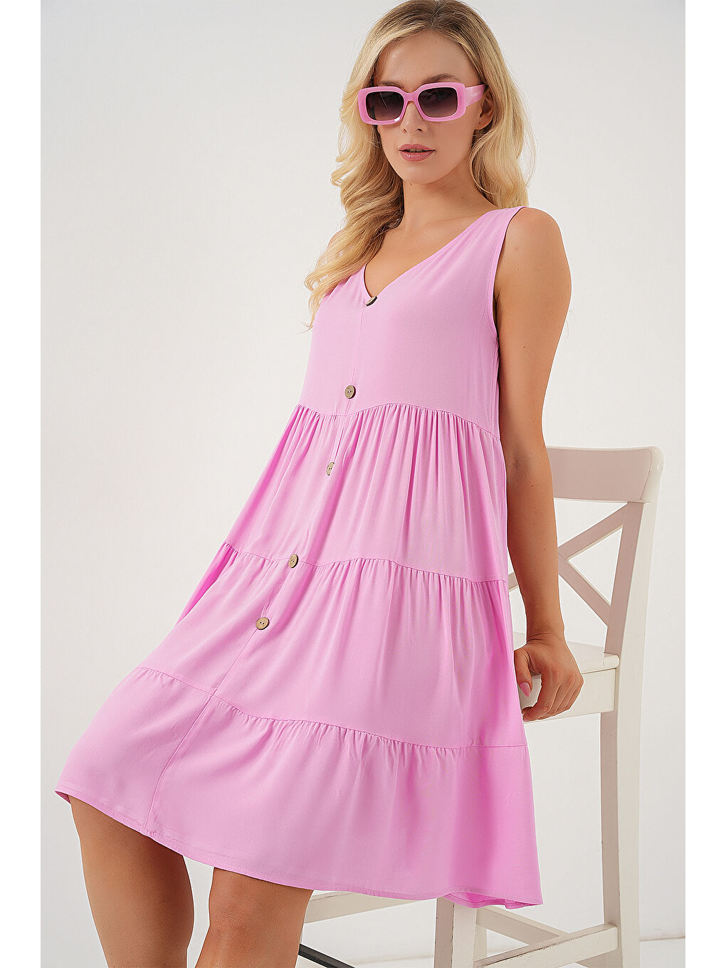 Kadın Sıfır Kol Düğmeli Kısa Elbise 2571 - Pembe-2