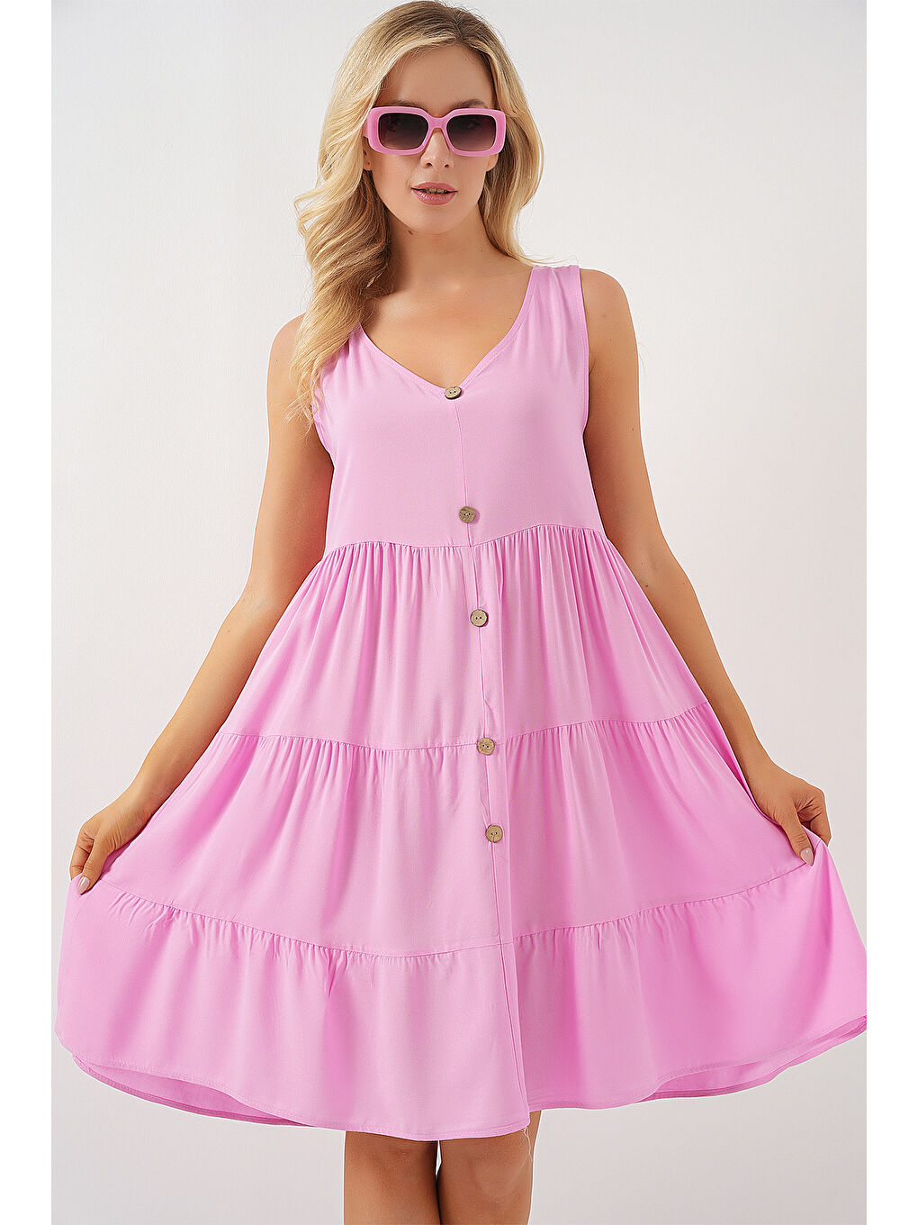 Kadın Sıfır Kol Düğmeli Kısa Elbise 2571 - Pembe-3