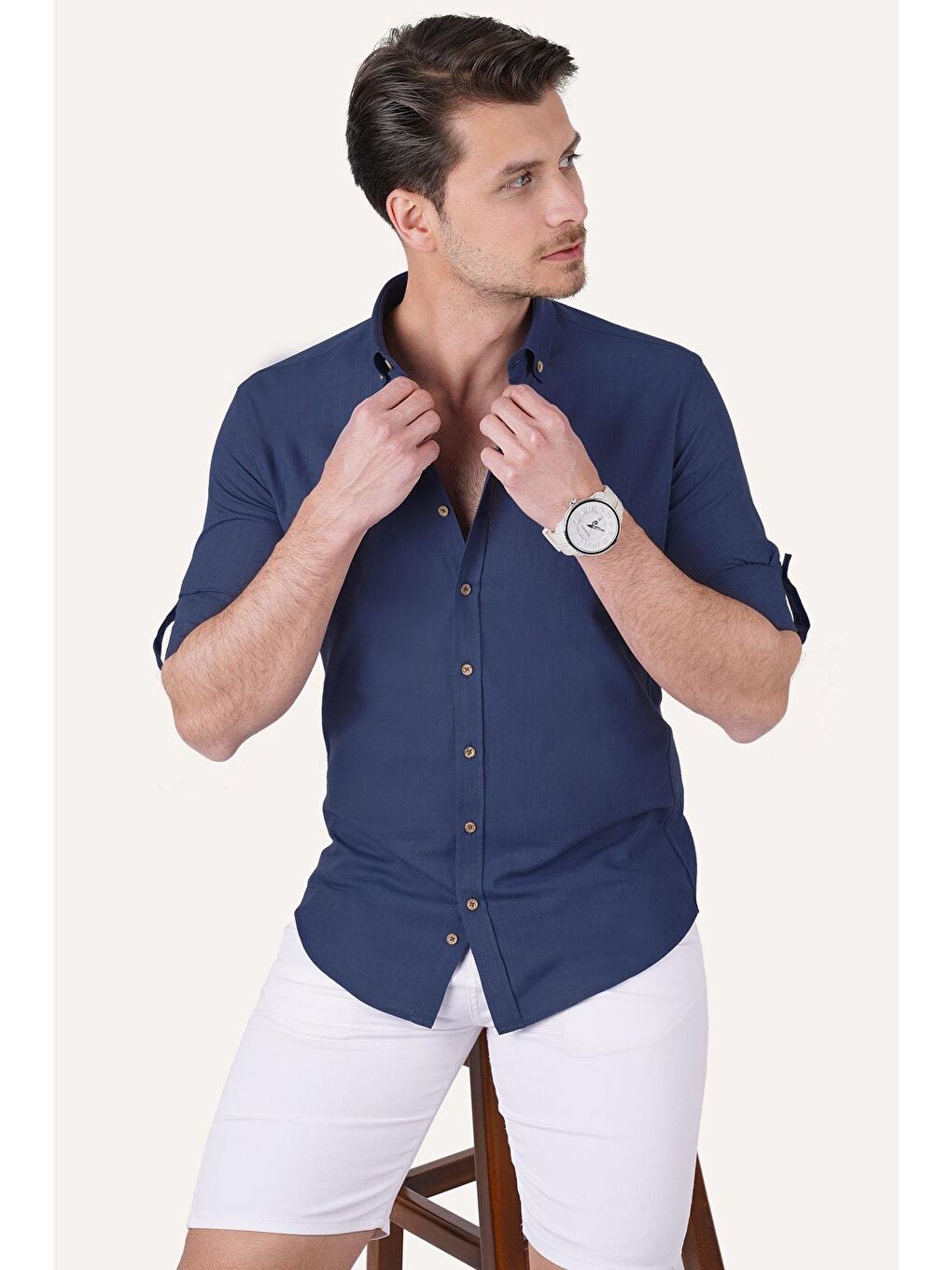 İndigo indigo Yaka Düğmeli Keten Görünümlü Slimfit Erkek Gömlek-2