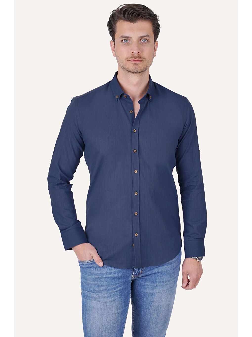 İndigo indigo Yaka Düğmeli Keten Görünümlü Slimfit Erkek Gömlek-4