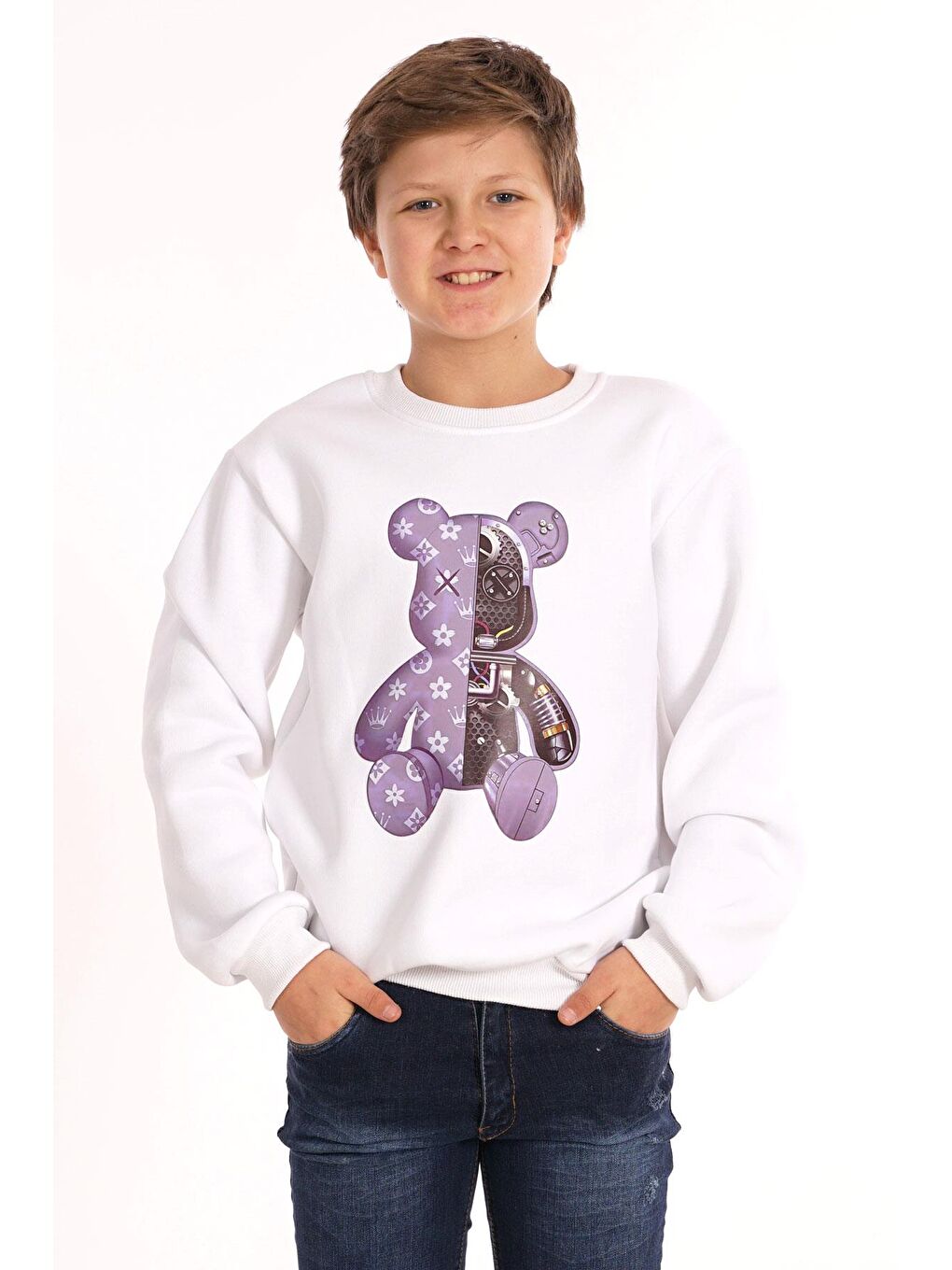 Ayıcık Baskılı Beyaz Renk Erkek Çocuk Sweat
