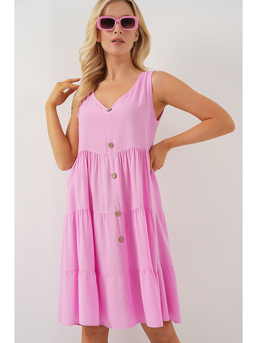 Kadın Sıfır Kol Düğmeli Kısa Elbise 2571 - Pembe-4