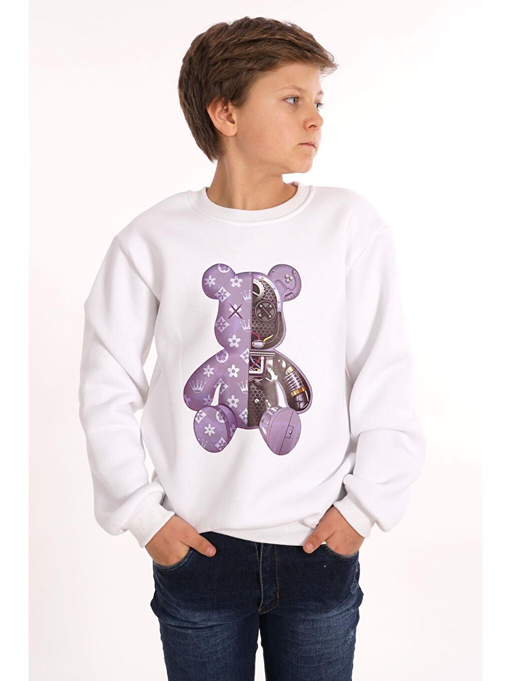 Ayıcık Baskılı Beyaz Renk Erkek Çocuk Sweat-1