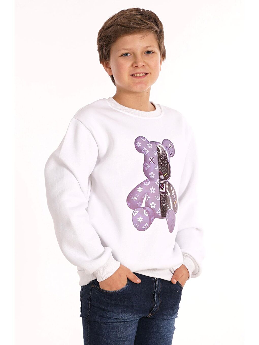 Ayıcık Baskılı Beyaz Renk Erkek Çocuk Sweat-4