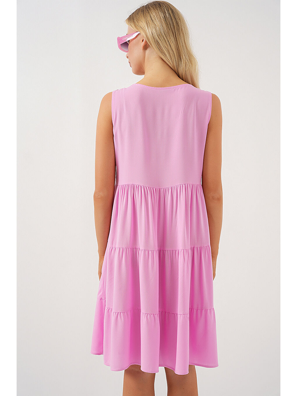 Kadın Sıfır Kol Düğmeli Kısa Elbise 2571 - Pembe-6