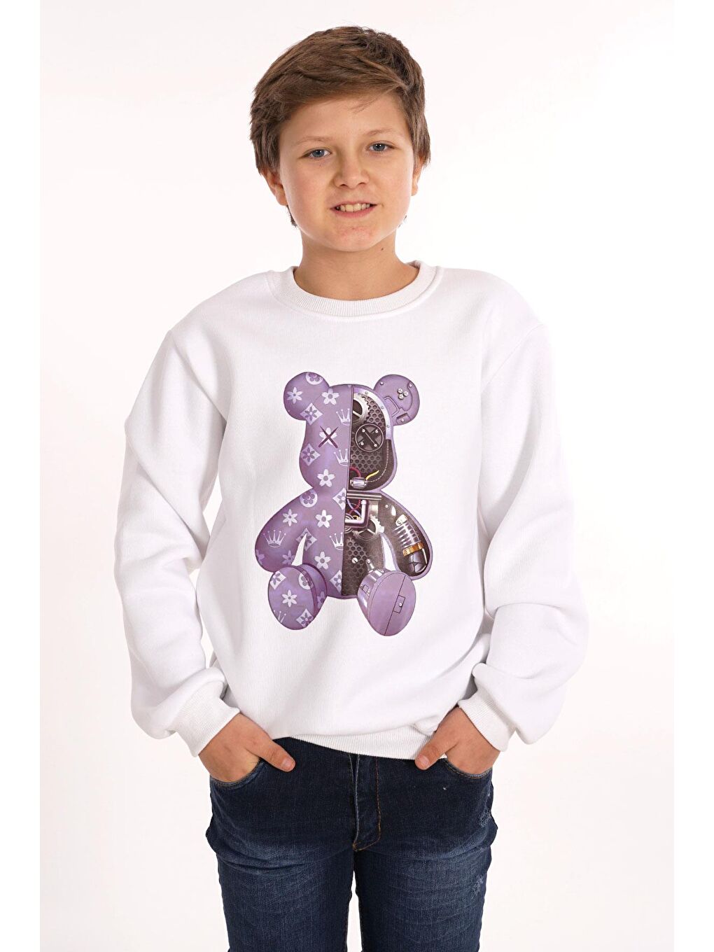Ayıcık Baskılı Beyaz Renk Erkek Çocuk Sweat-5