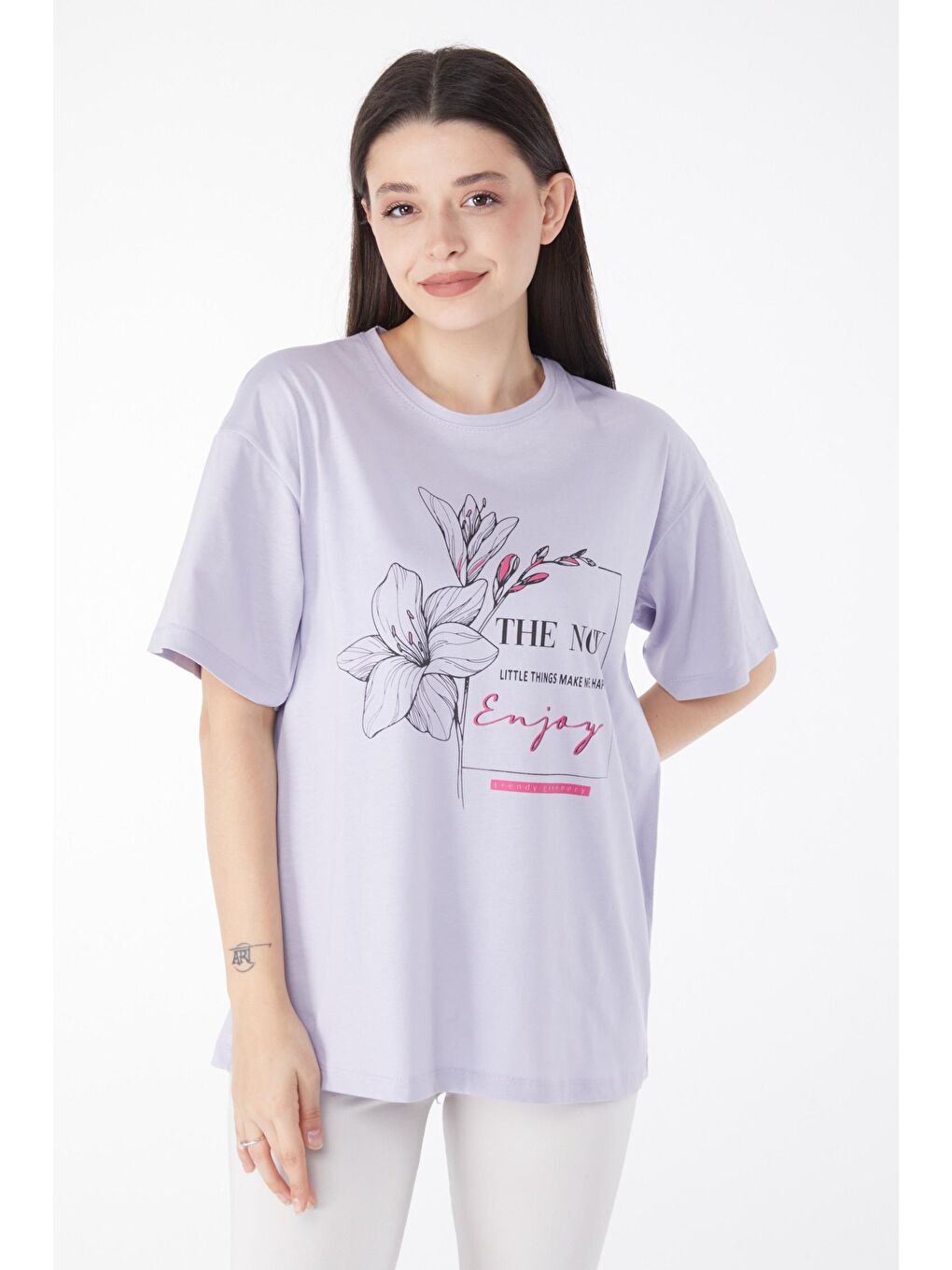 TOFİSA Düz Bisiklet Yaka Kadın Lila Baskılı T-shirt - 25294