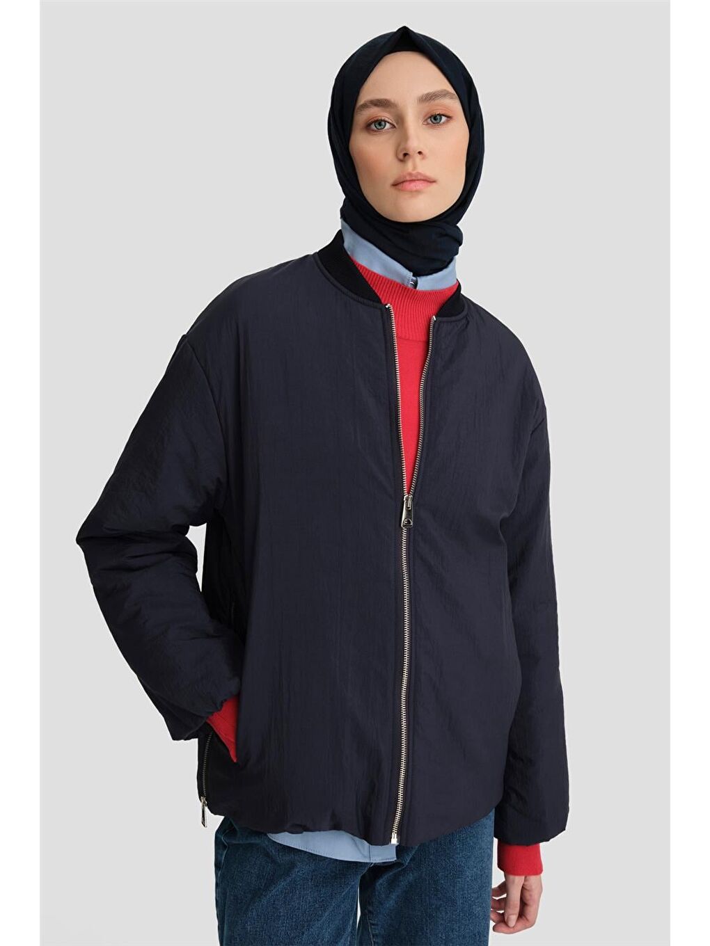 Yaka Ribanalı Bomber Mont 24Kd7522 Lacivert-1