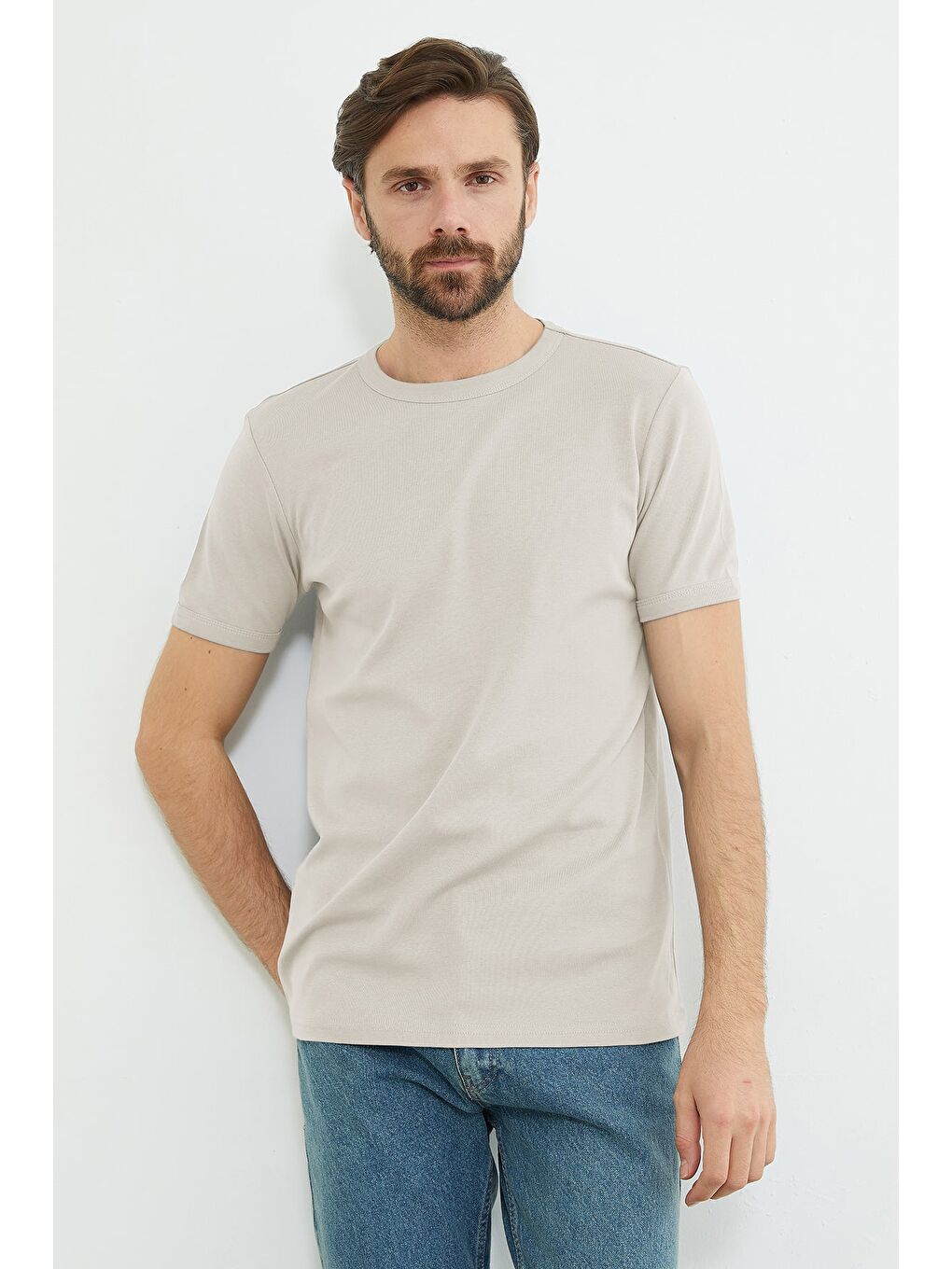 Bej Basic Bisiklet Yaka Ribanalı Tişört-2