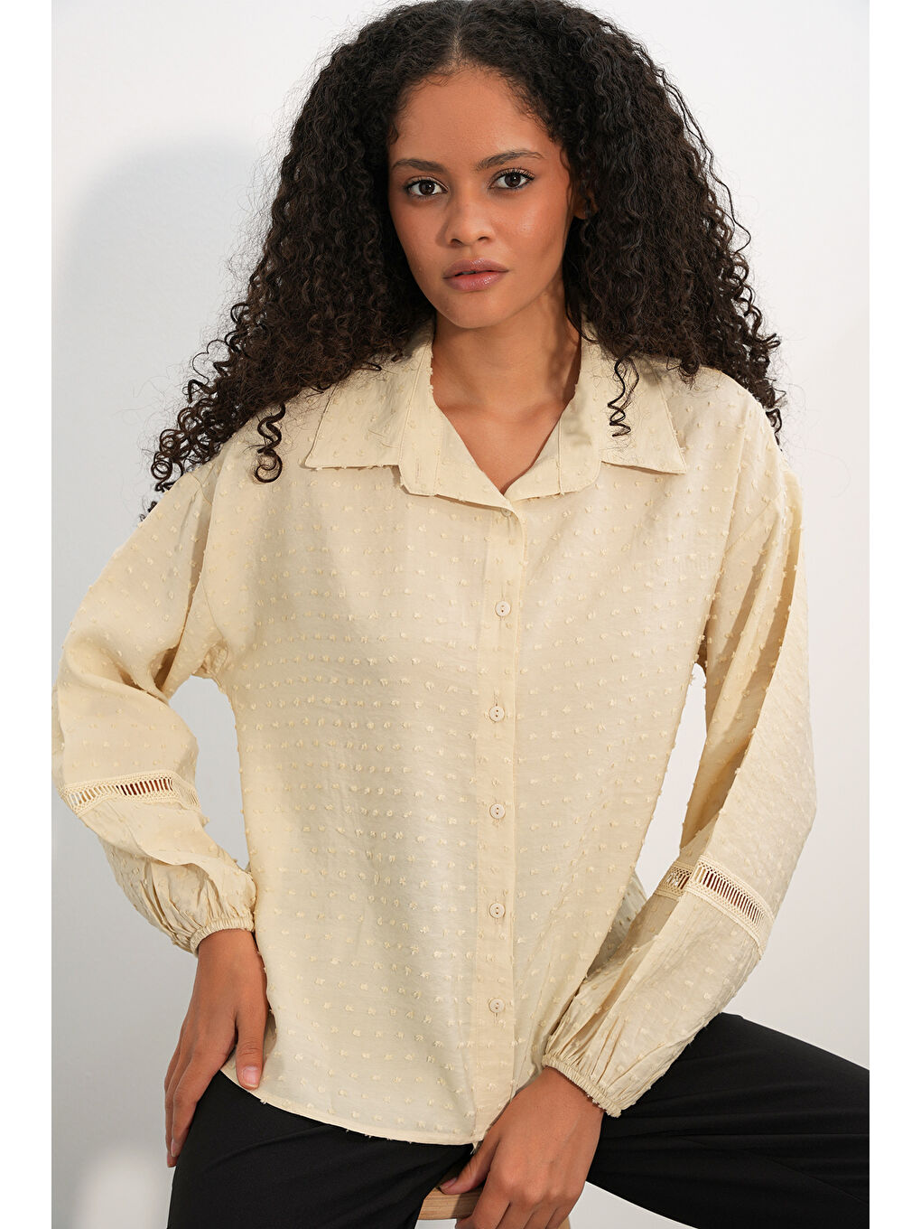 Ekru Kadın Oversize Desenli Gömlek 20379 - Krem