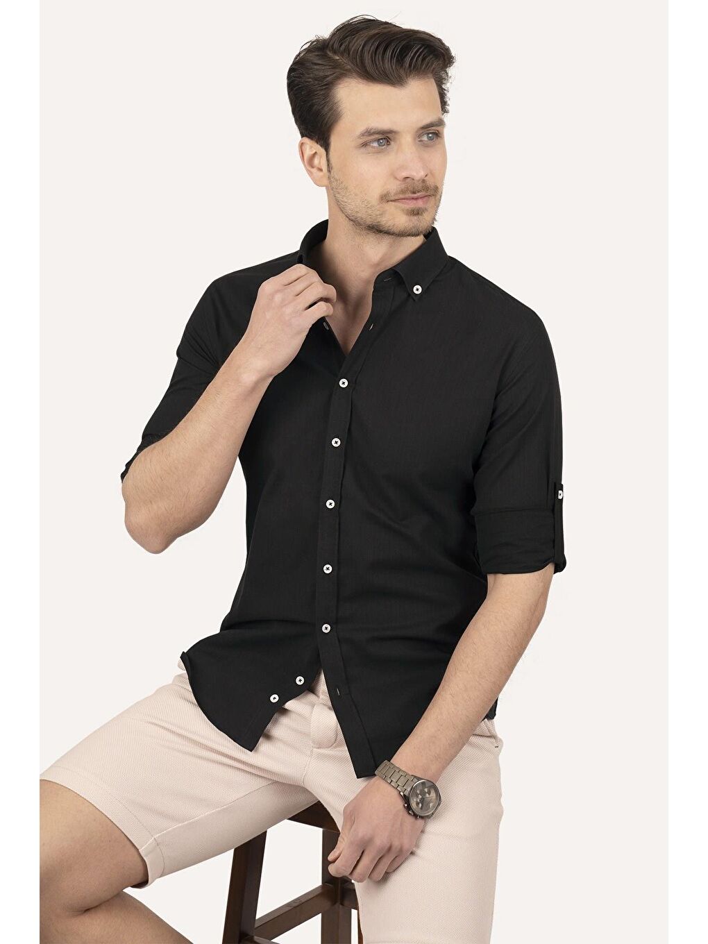 Siyah Yaka Düğmeli Keten Görünümlü Slimfit Erkek Gömlek-2