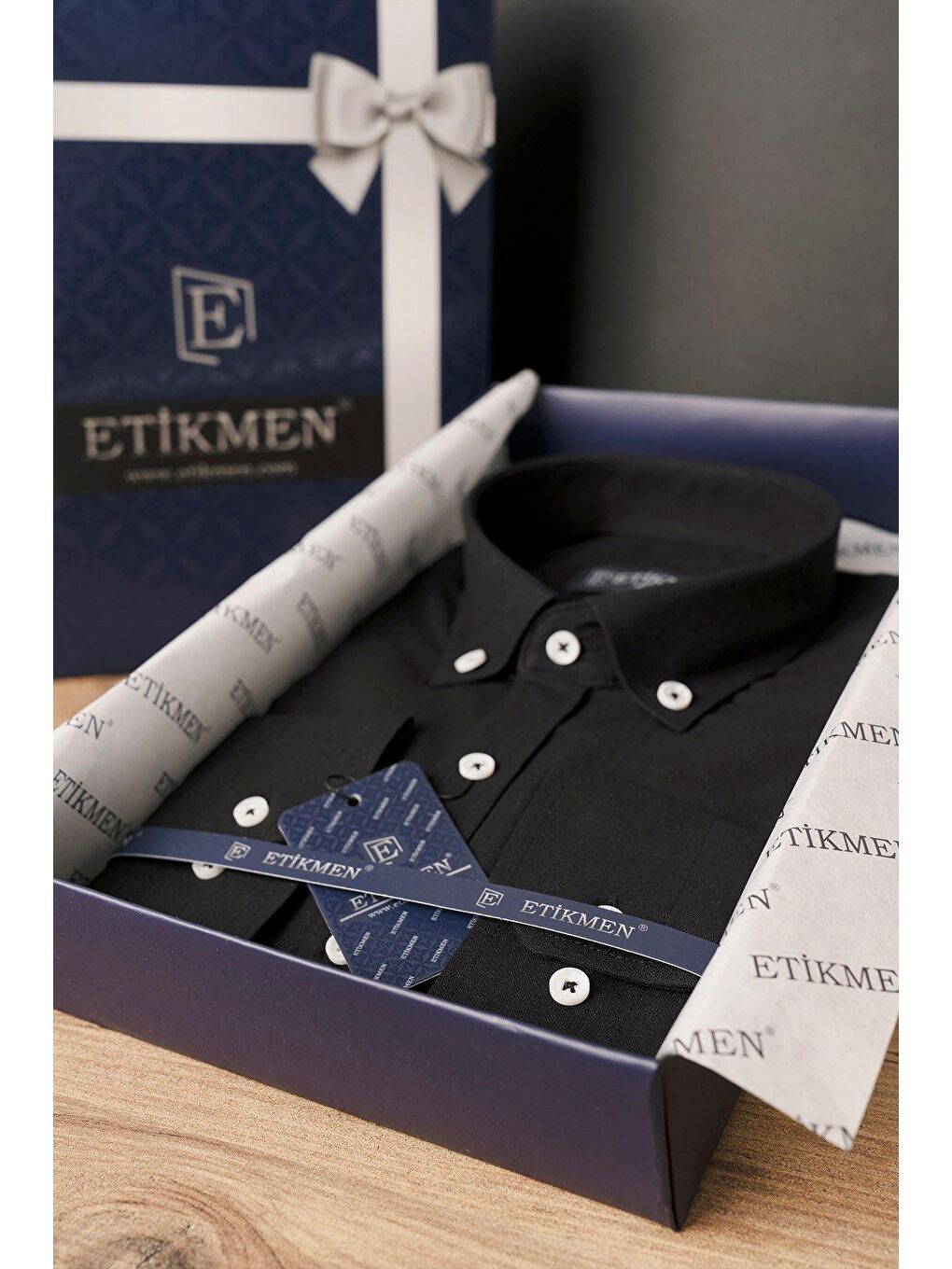 Siyah Yaka Düğmeli Keten Görünümlü Slimfit Erkek Gömlek-3