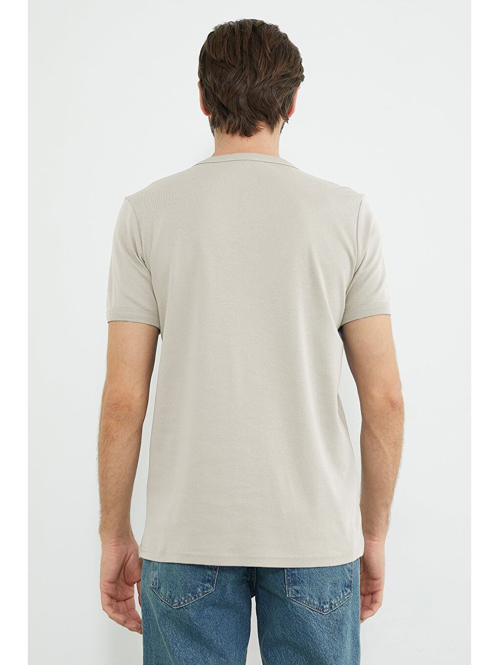 Bej Basic Bisiklet Yaka Ribanalı Tişört-3