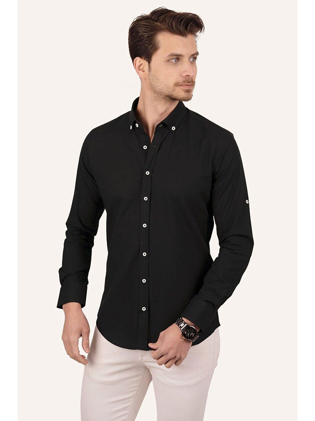 Siyah Yaka Düğmeli Keten Görünümlü Slimfit Erkek Gömlek-4