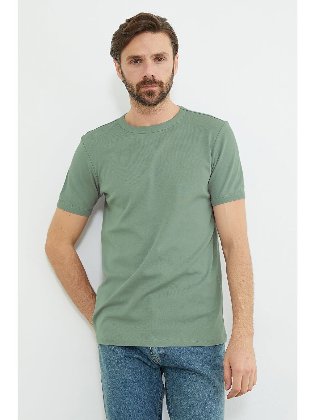 Yeşil Basic Bisiklet Yaka Ribanalı Tişört-1