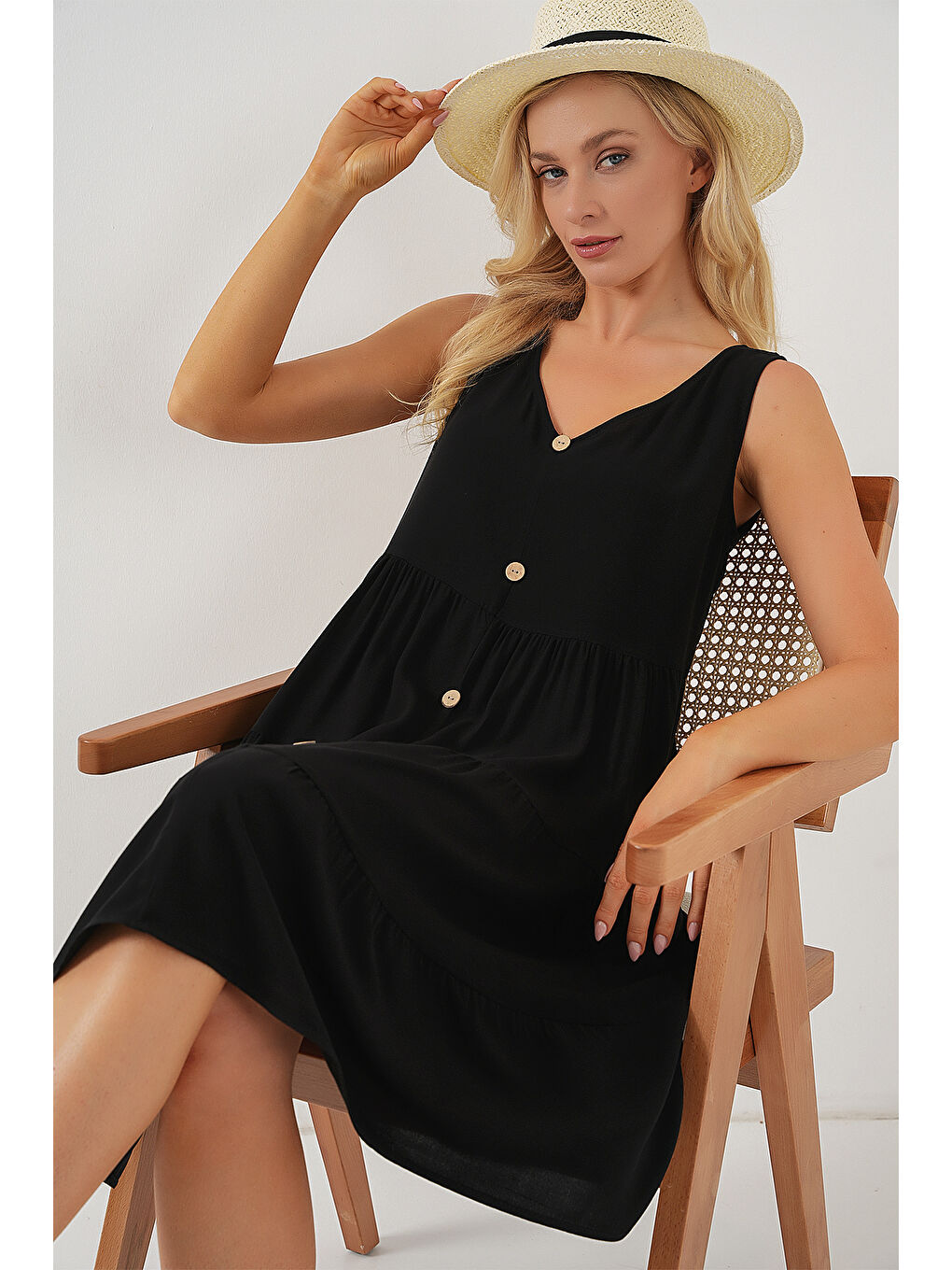 Kadın Sıfır Kol Düğmeli Kısa Elbise 2571 - Siyah-1