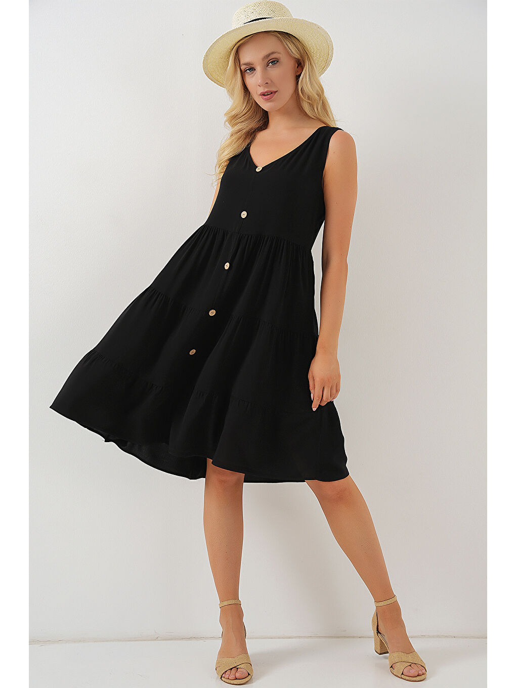 Kadın Sıfır Kol Düğmeli Kısa Elbise 2571 - Siyah-2