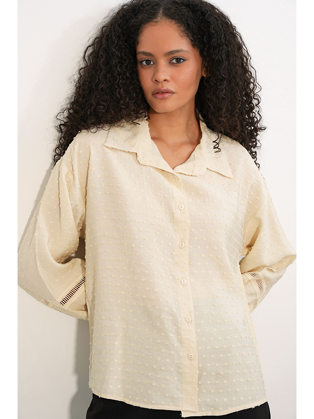 Ekru Kadın Oversize Desenli Gömlek 20379 - Krem-2