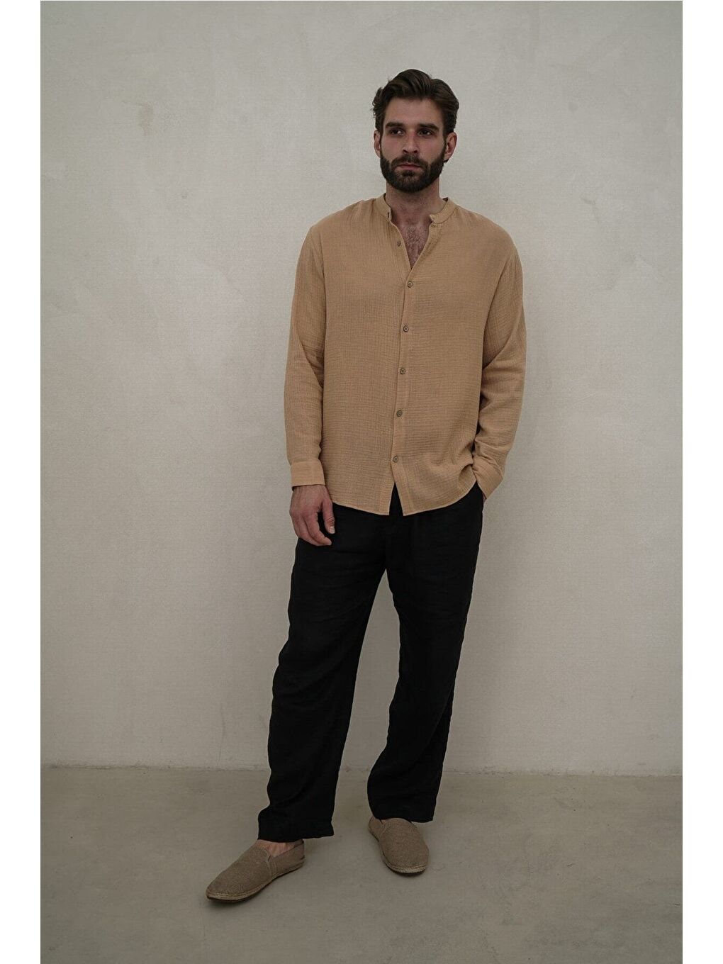 Bej Owen Erkek Oversize Hakim Yaka Caramel Müslin Gömlek-1