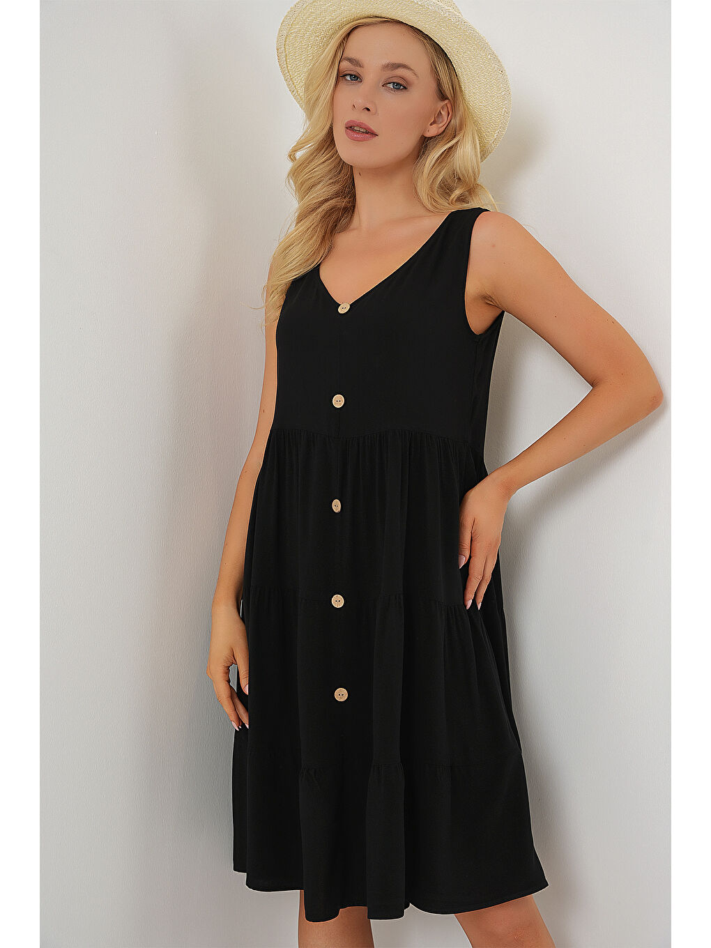 Kadın Sıfır Kol Düğmeli Kısa Elbise 2571 - Siyah-3