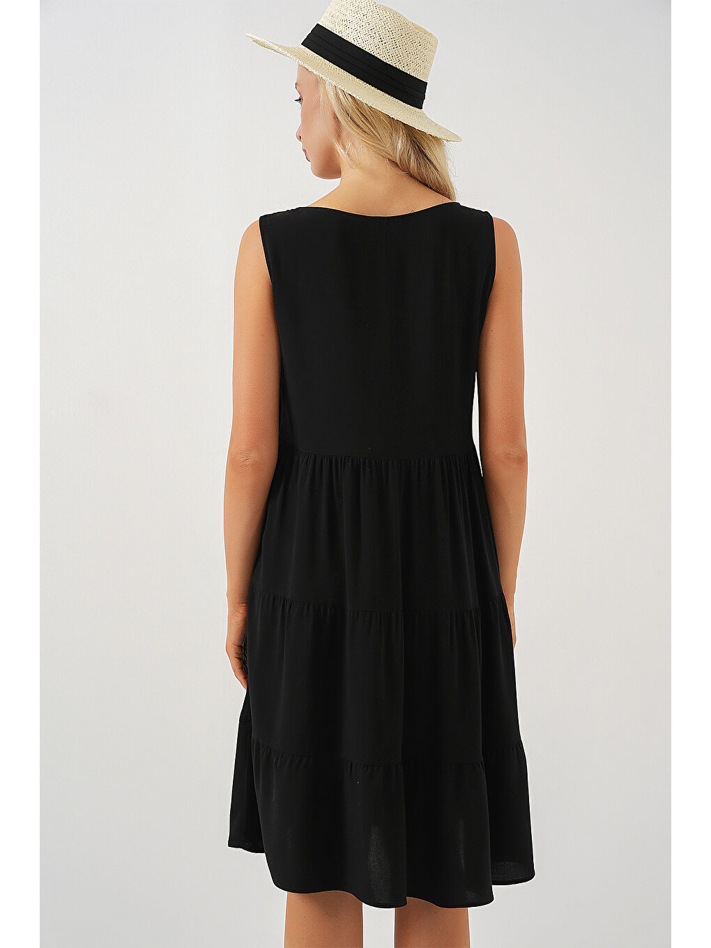 Kadın Sıfır Kol Düğmeli Kısa Elbise 2571 - Siyah-5