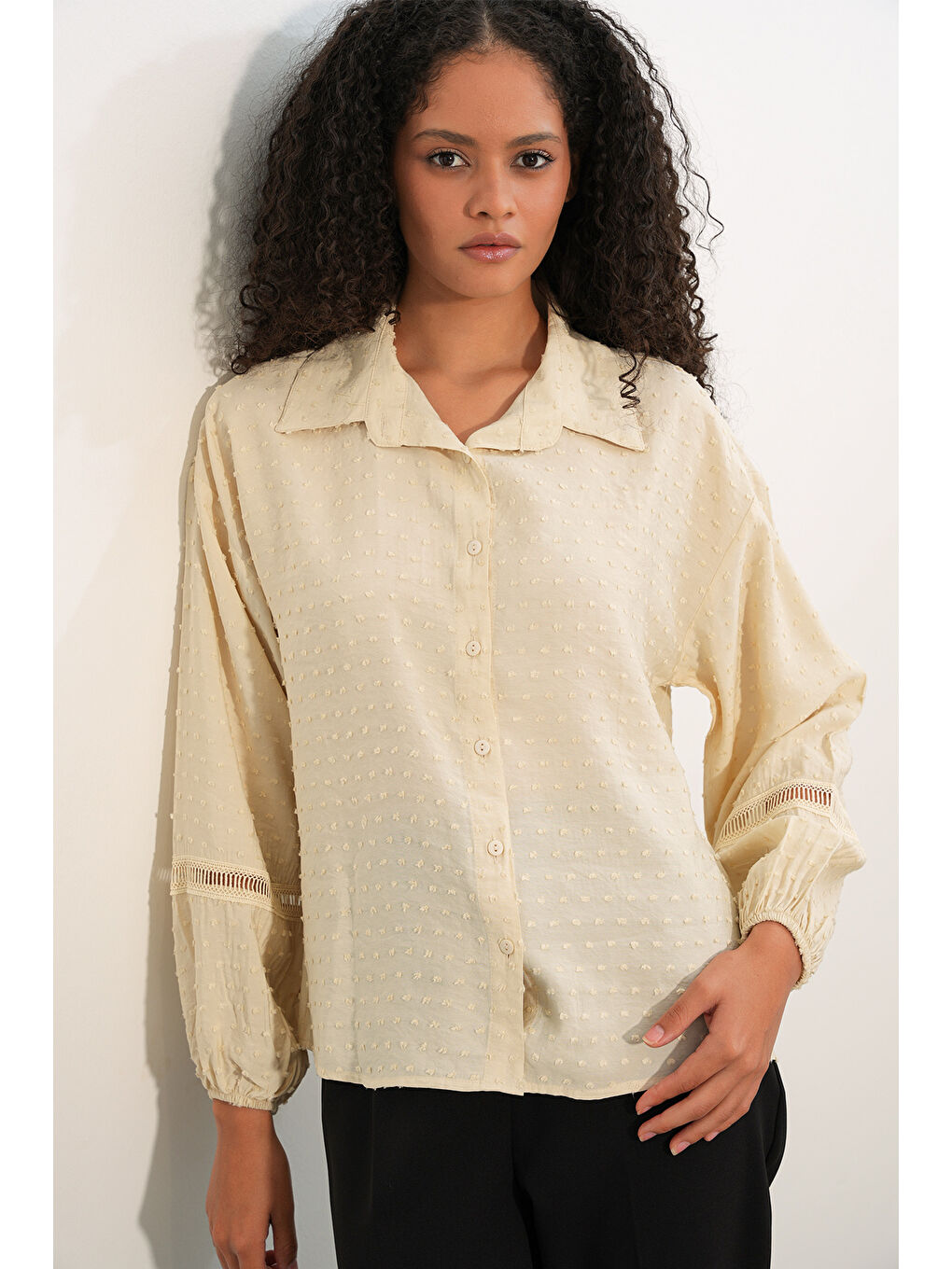 Ekru Kadın Oversize Desenli Gömlek 20379 - Krem-3