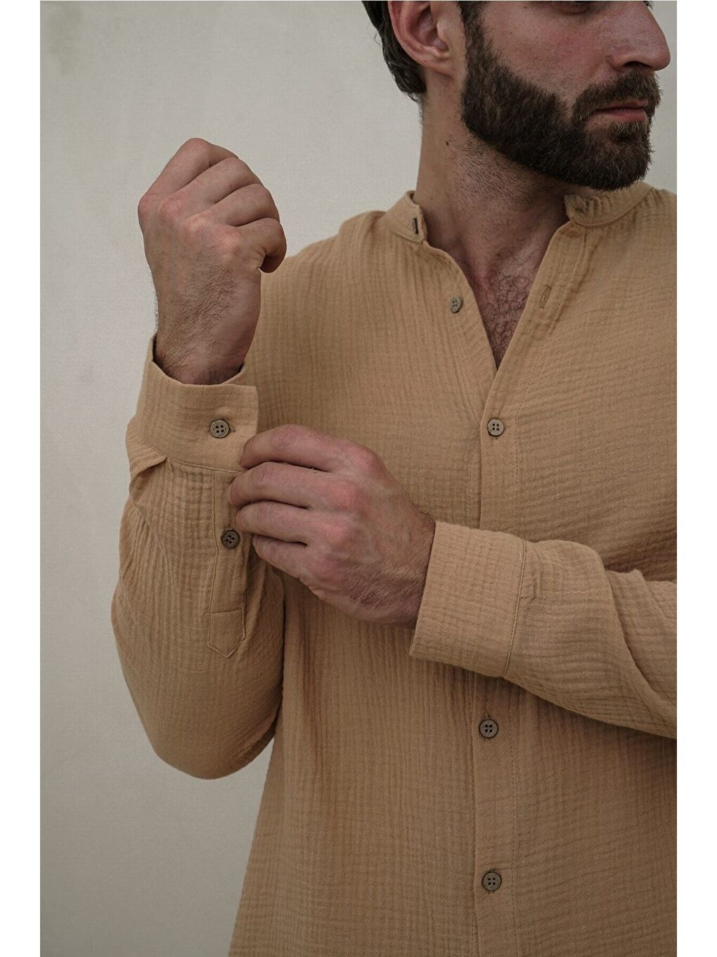 Bej Owen Erkek Oversize Hakim Yaka Caramel Müslin Gömlek-4