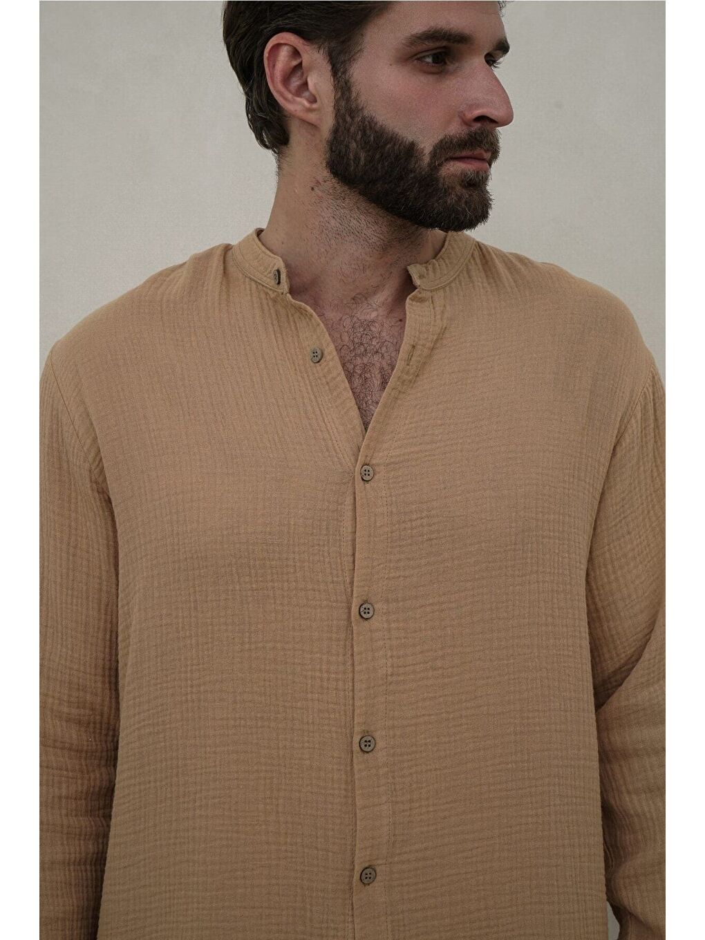 Bej Owen Erkek Oversize Hakim Yaka Caramel Müslin Gömlek-5
