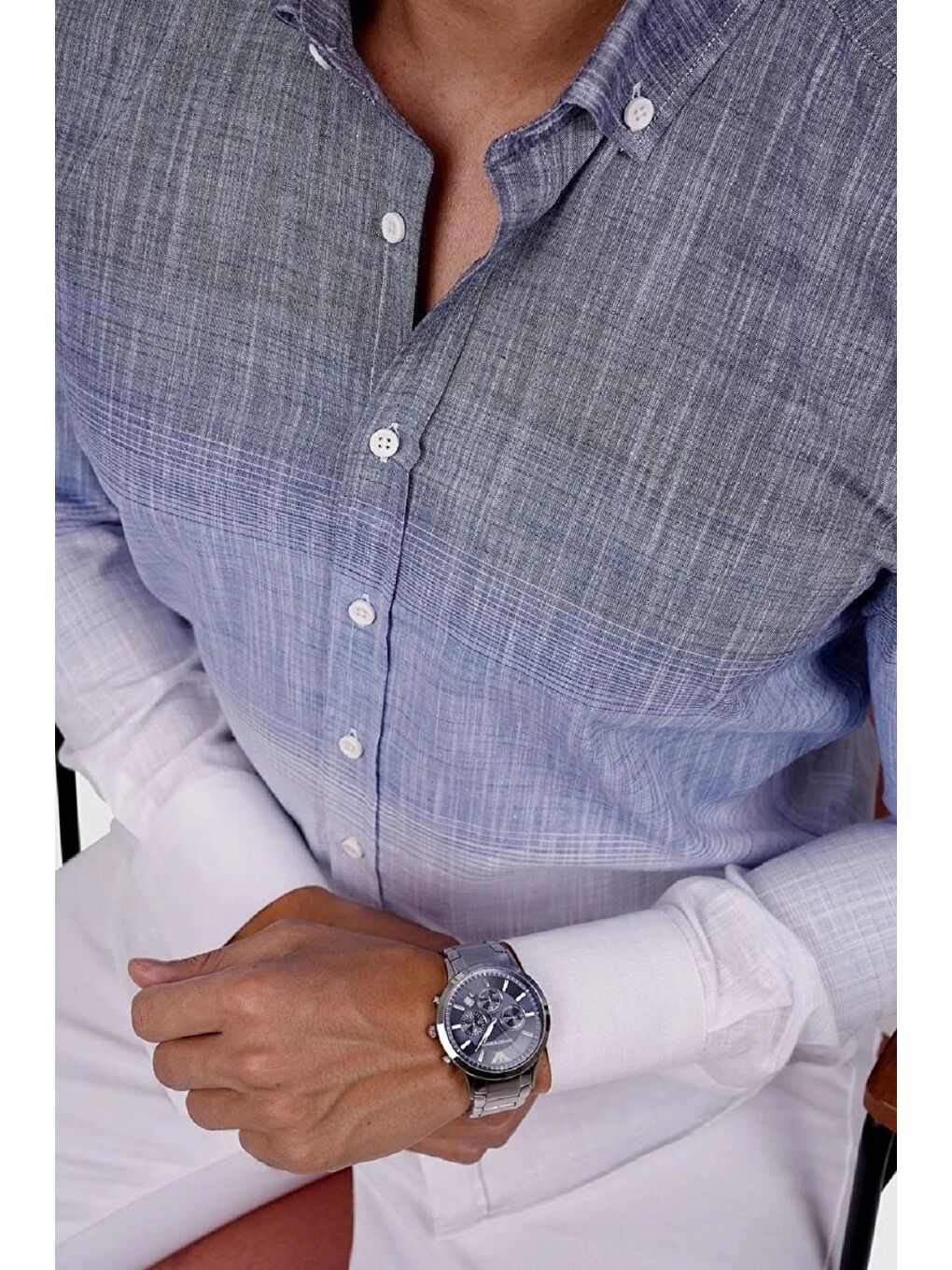 Panolu Mavi Gri Geçişli Keten Slimfit Erkek Gömlek