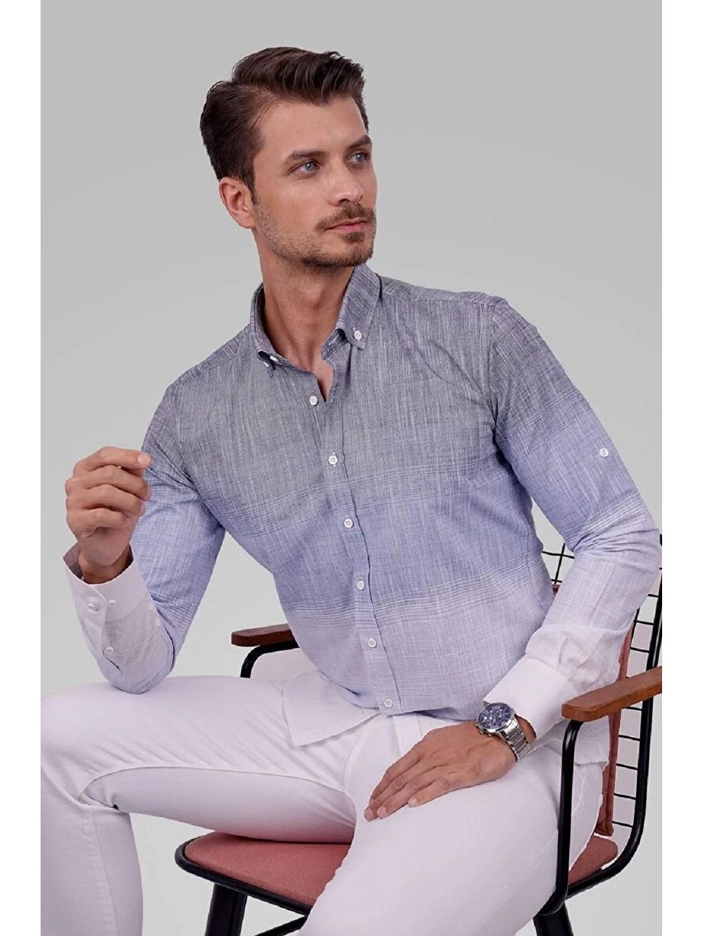 Panolu Mavi Gri Geçişli Keten Slimfit Erkek Gömlek-1