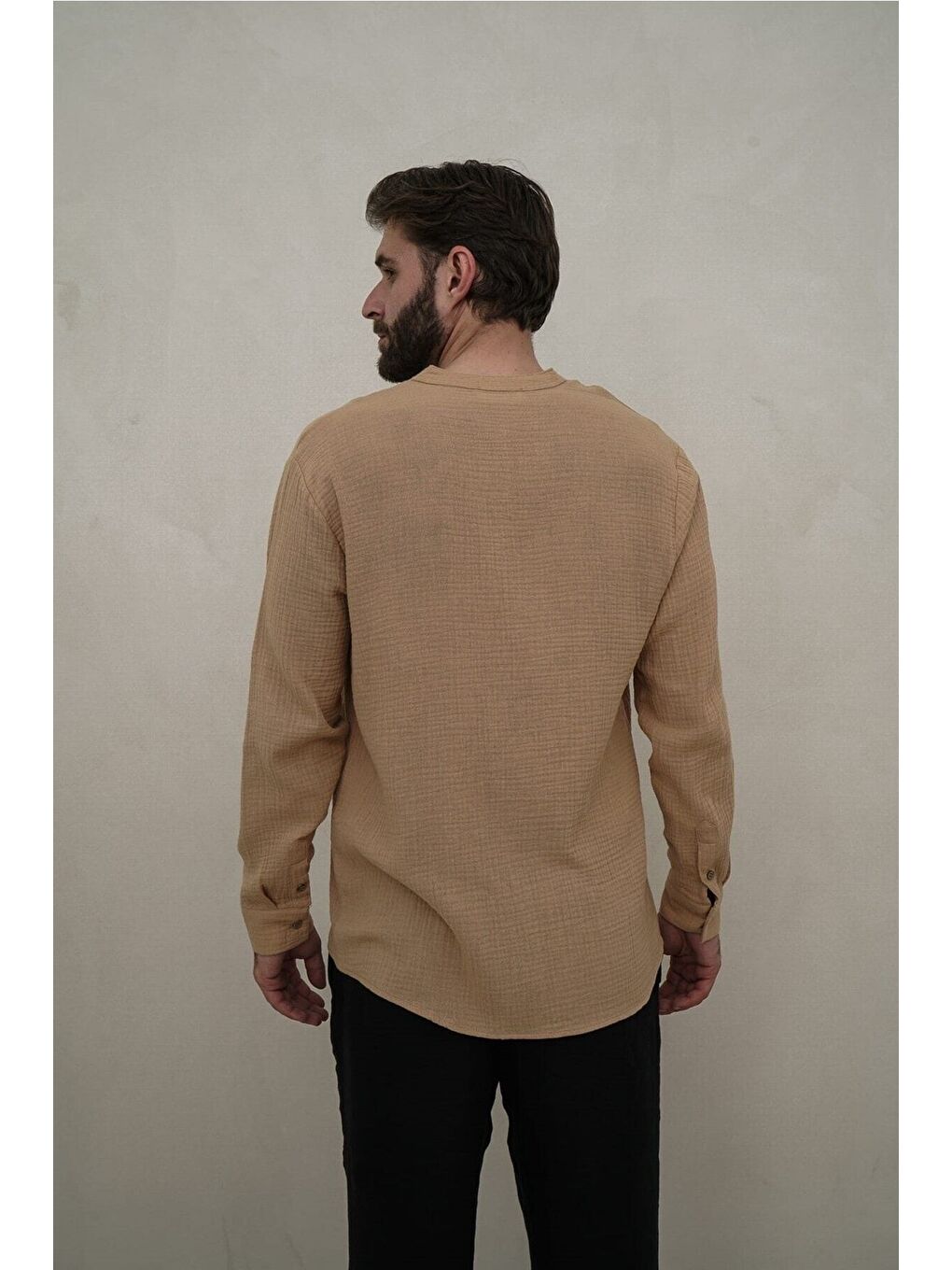 Bej Owen Erkek Oversize Hakim Yaka Caramel Müslin Gömlek-6