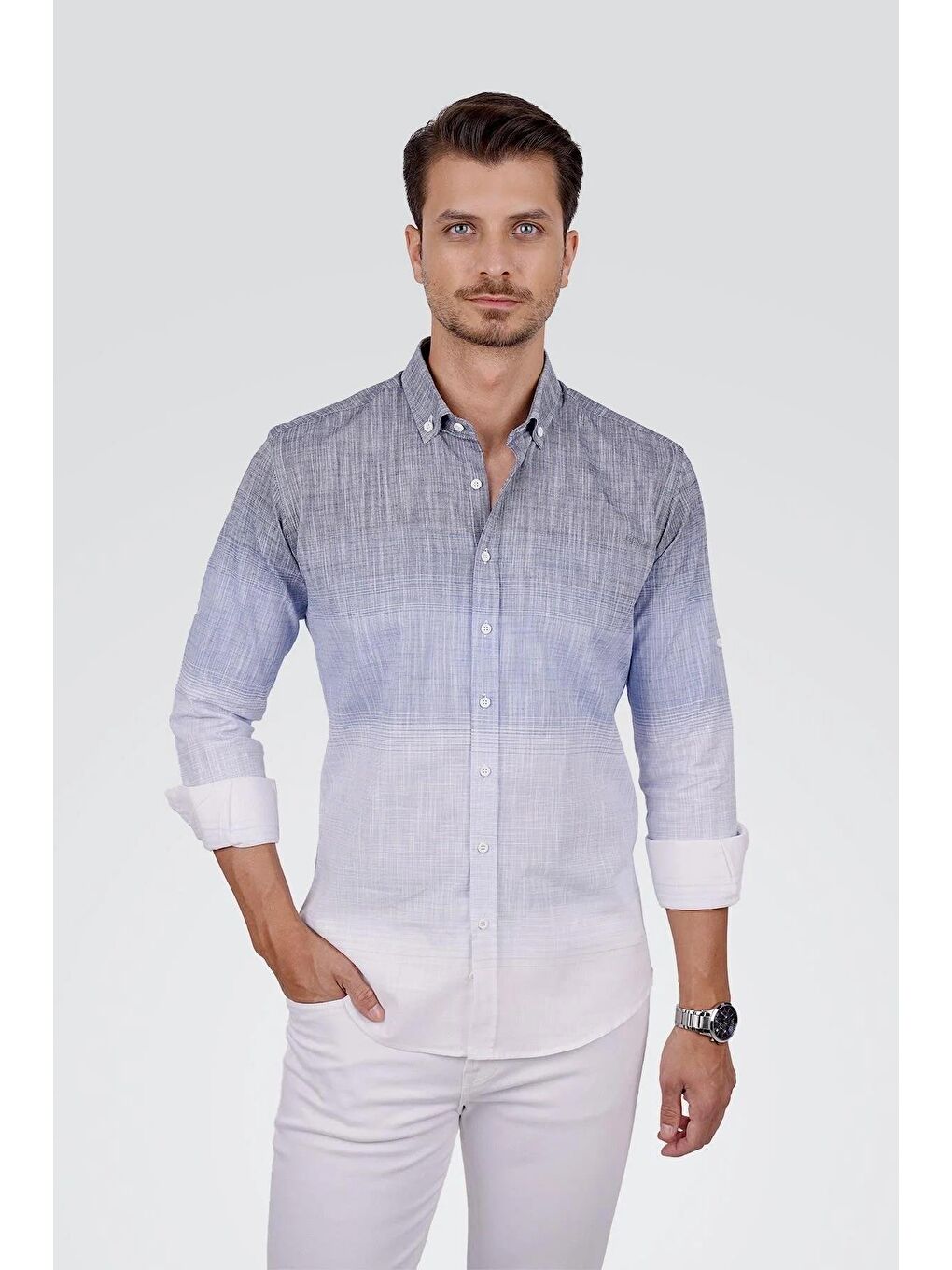 Panolu Mavi Gri Geçişli Keten Slimfit Erkek Gömlek-2