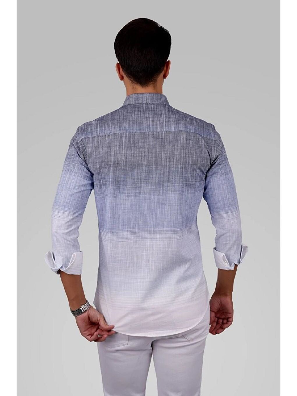 Panolu Mavi Gri Geçişli Keten Slimfit Erkek Gömlek-4