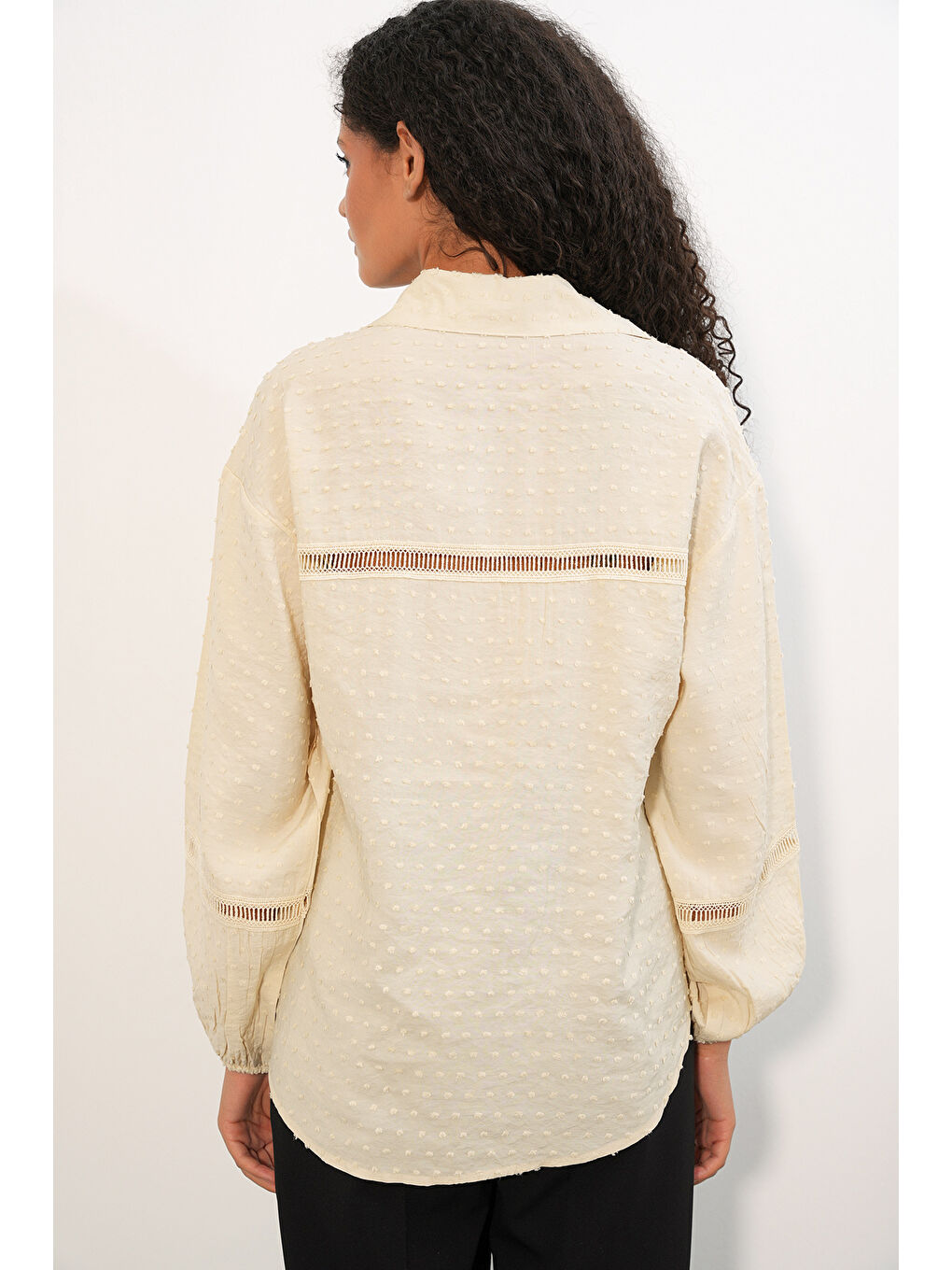 Ekru Kadın Oversize Desenli Gömlek 20379 - Krem-5