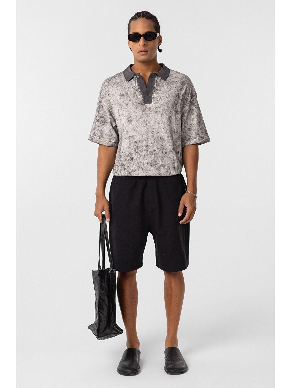 Yıkamalı Oversize Polo Yaka Tişört Siyah