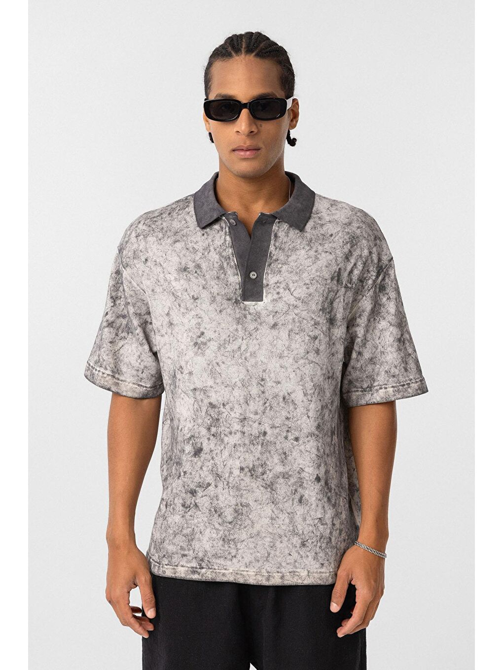 Yıkamalı Oversize Polo Yaka Tişört Siyah-2