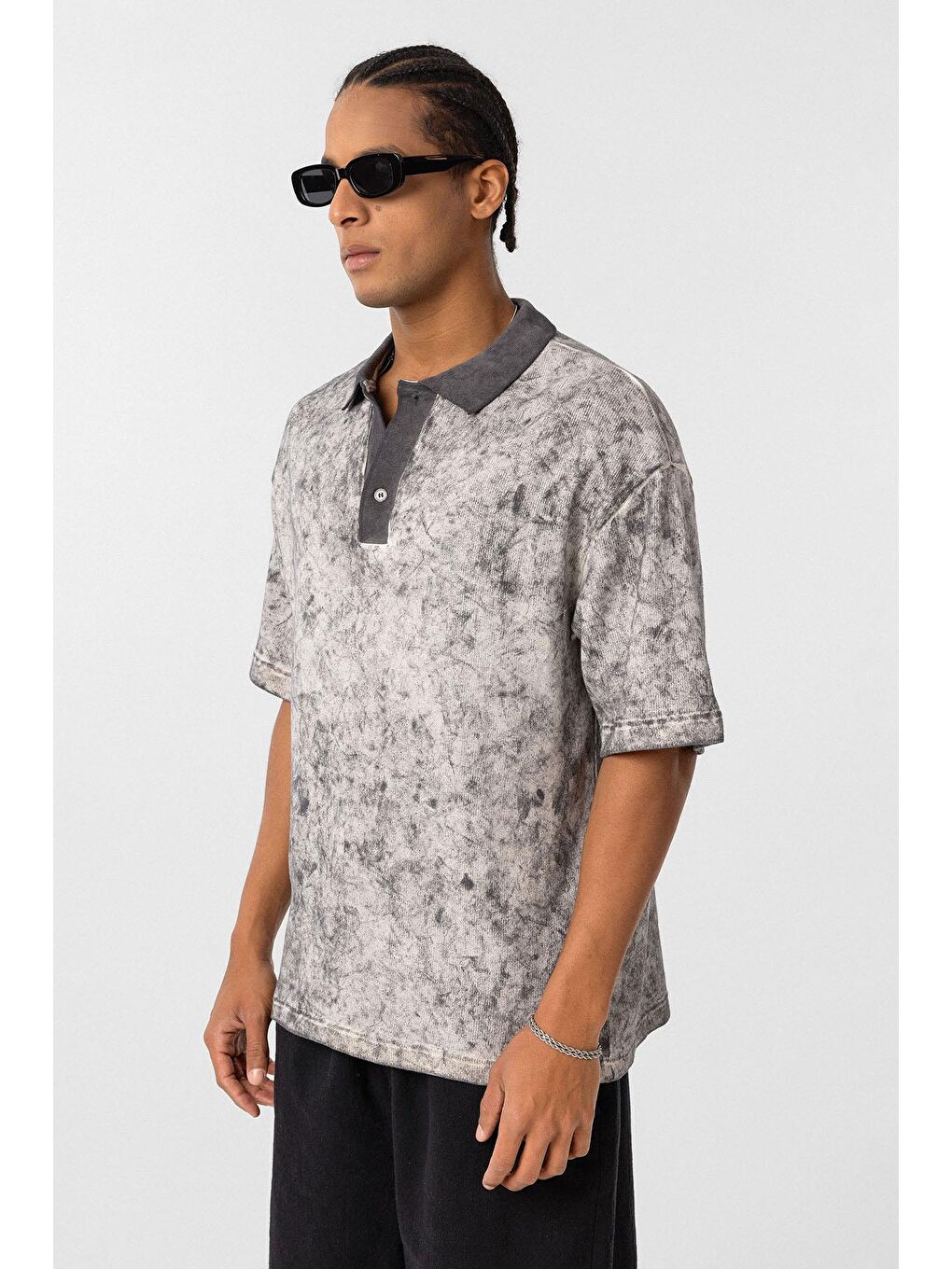 Yıkamalı Oversize Polo Yaka Tişört Siyah-3