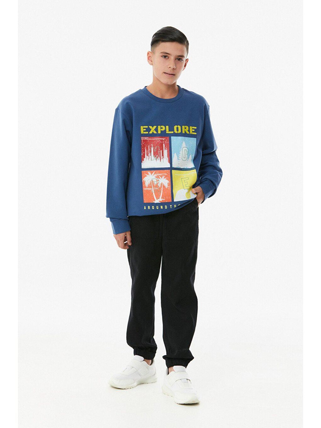 İndigo Baskılı Bisiklet Yaka Erkek Çocuk Sweatshirt-1